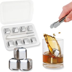 Beverage Chiller Stones - 8pc Reusable Freezer Whisky Stainless Steel Ice Cube Set