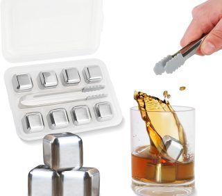 Beverage Chiller Stones - 8pc Reusable Freezer Whisky Stainless Steel Ice Cube Set