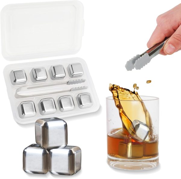 Beverage Chiller Stones - 8pc Reusable Freezer Whisky Stainless Steel Ice Cube Set